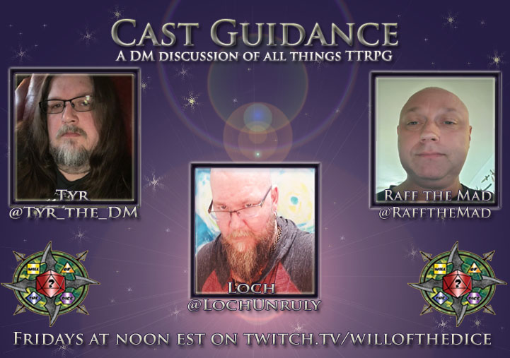 Will of the Dice logo with Tyr, Loch, and Raff